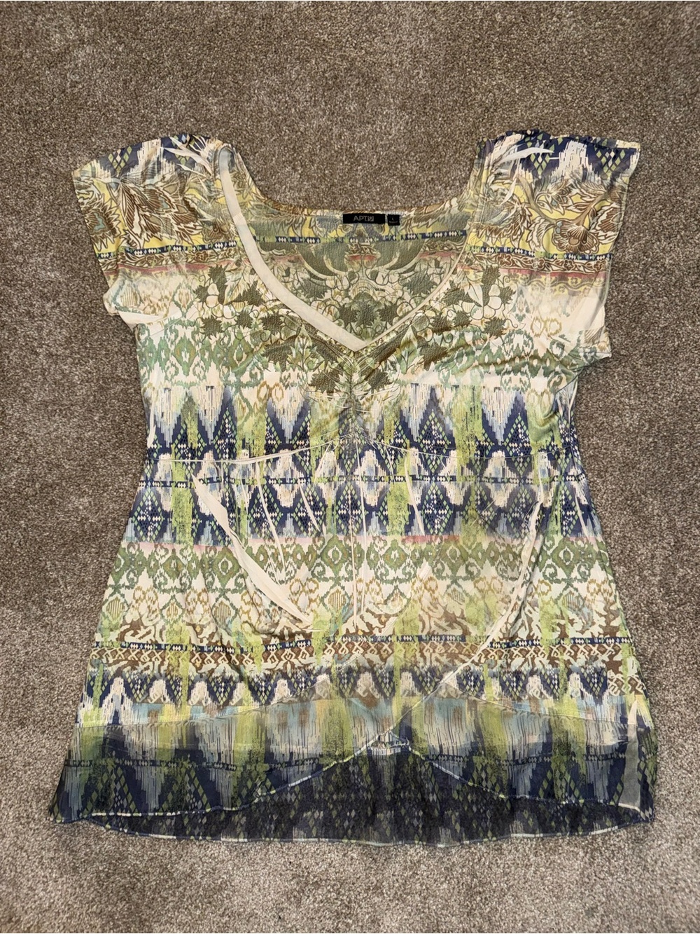 Apt. 9 Multi-Color Patterned V-Neck Tunic (Green, Blue, Yellow, Cream)